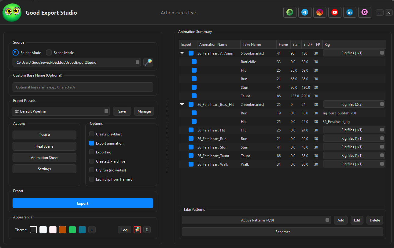 Good Export Studio showing animation clips prepared for batch export