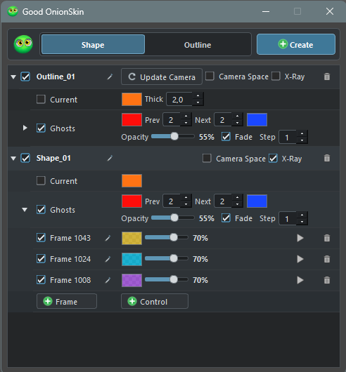 Good OnionSkin controls for shapes, outlines, ghost frames, and opacity