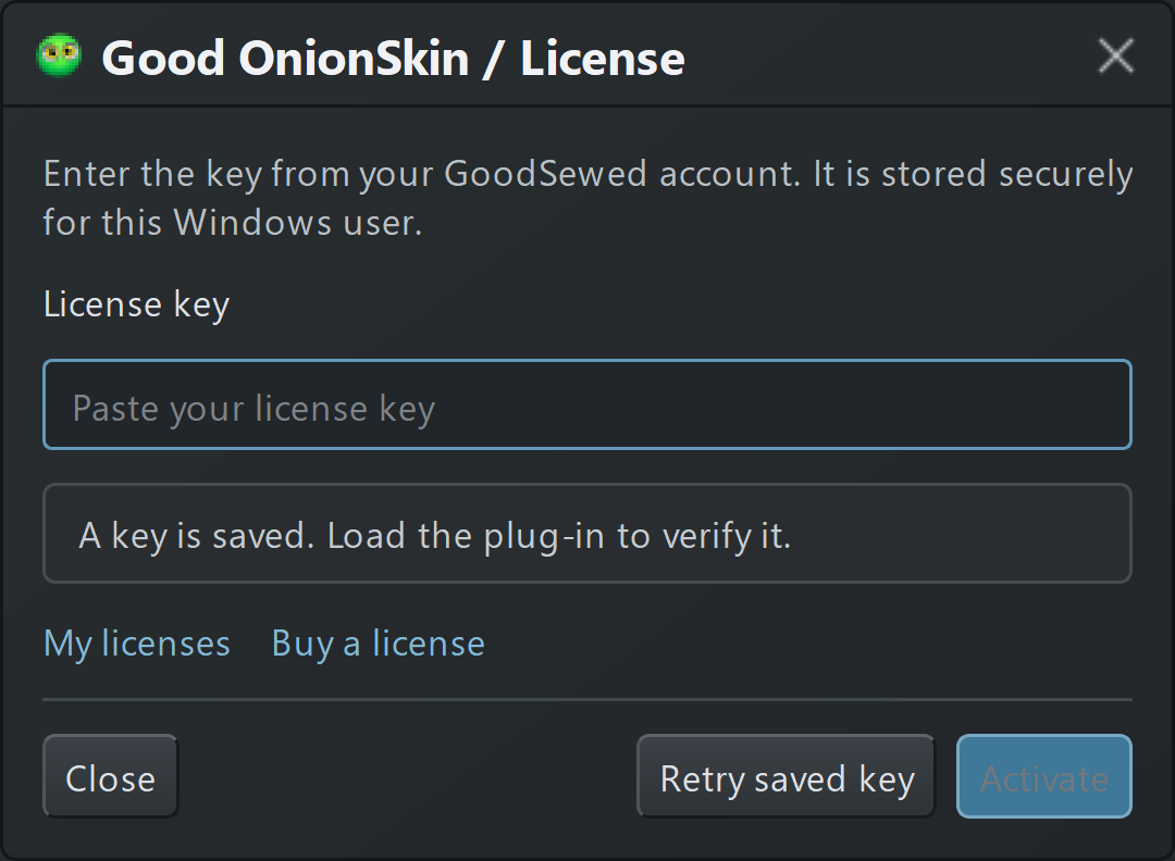 On first launch, paste your account’s license key and choose Activate. Retry saved key checks a key already stored for this Windows user.